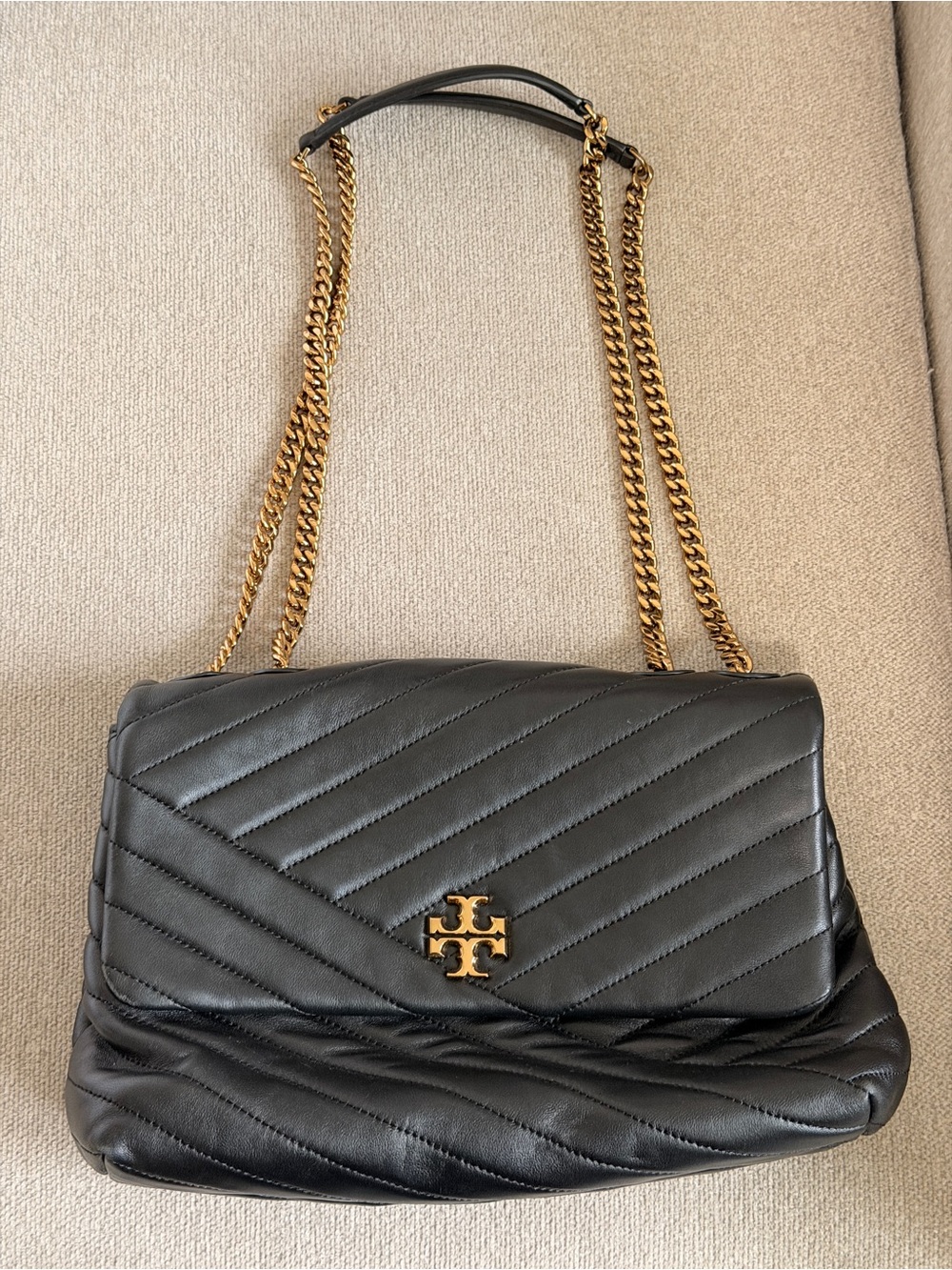 Tory Burch Black Quilted Leather Shoulder Bag with Gold Chain